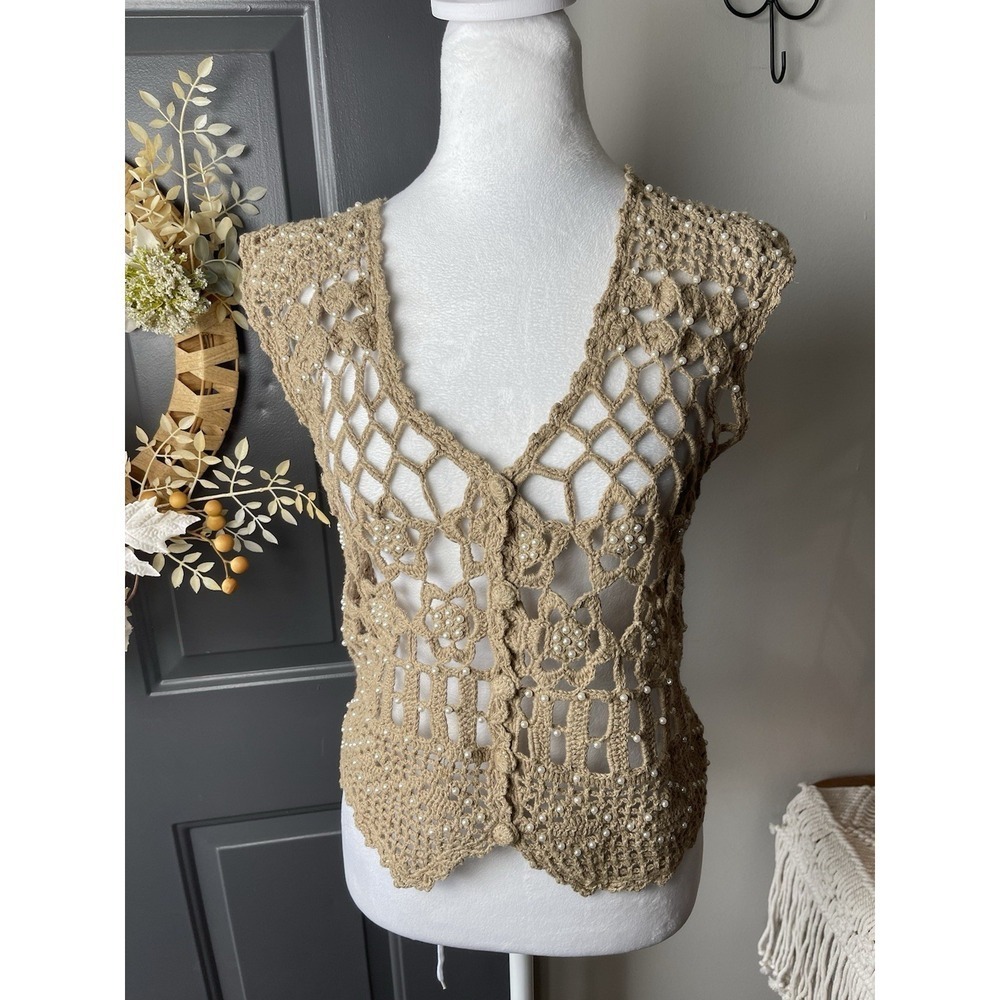 Candor Crochet Pearls Festival Boho Y2K Vest Size Medium